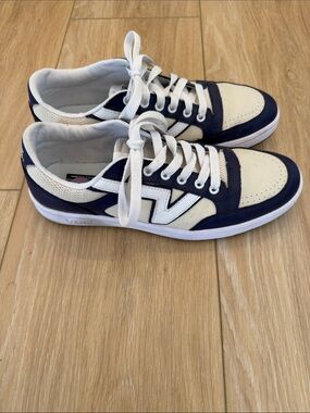 Vans Navy and Cream Low-Top Sneakers with White 'V' Logo